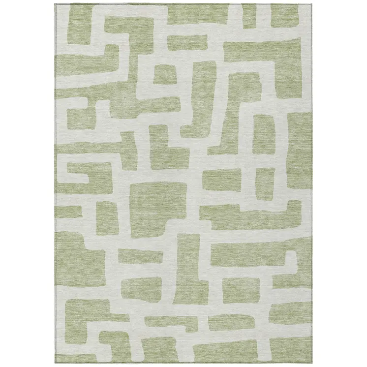 8' X 10' Artichoke Green And Ivory Abstract Washable Indoor Outdoor Area Rug