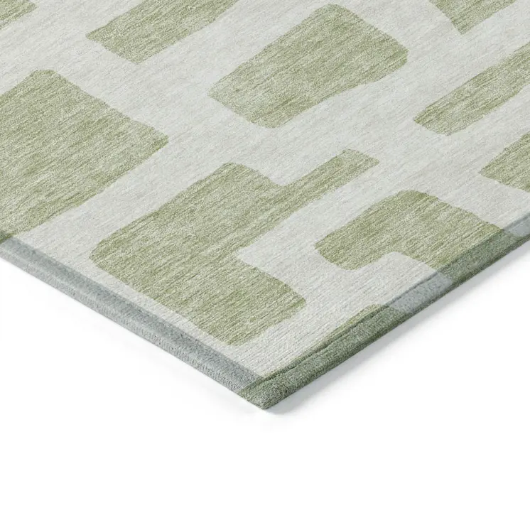 8' X 10' Artichoke Green And Ivory Abstract Washable Indoor Outdoor Area Rug