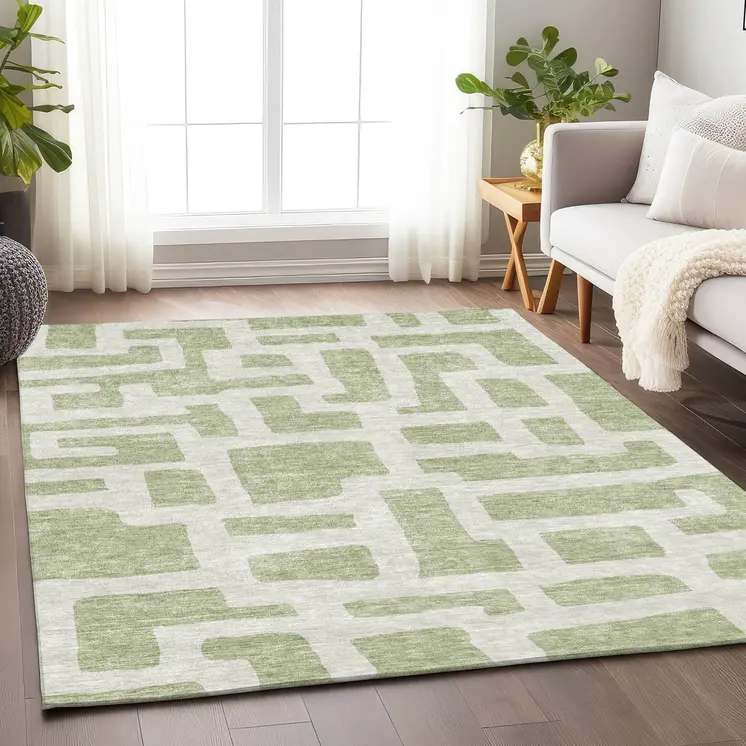8' X 10' Artichoke Green And Ivory Abstract Washable Indoor Outdoor Area Rug