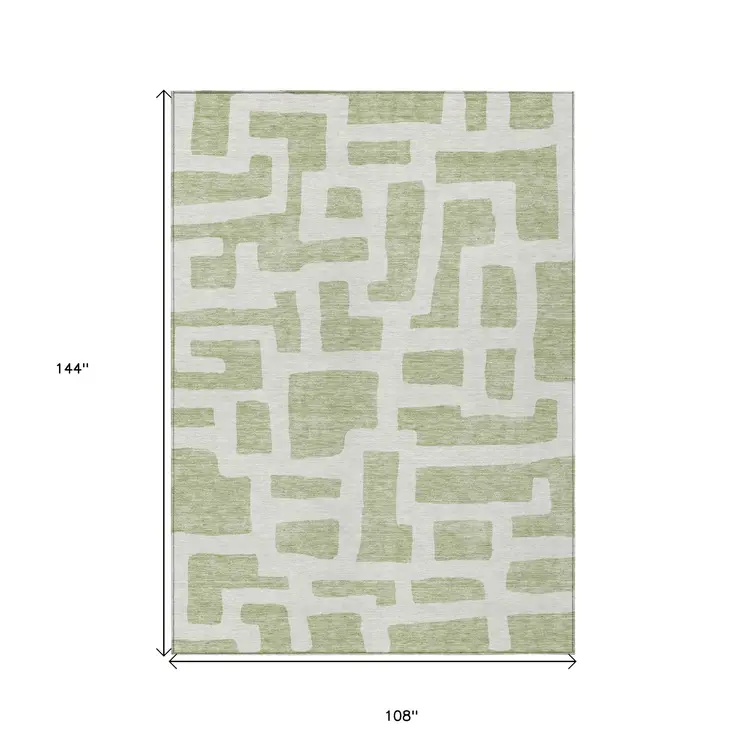 9' X 12' Artichoke Green And Ivory Abstract Washable Indoor Outdoor Area Rug
