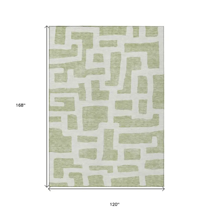 10' X 14' Artichoke Green And Ivory Abstract Washable Indoor Outdoor Area Rug