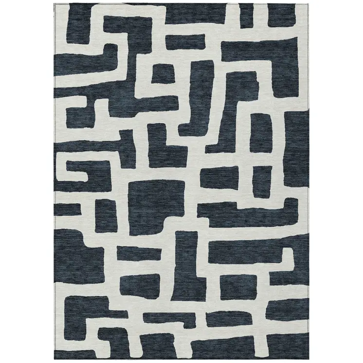 5' X 8' Black And Ivory Abstract Washable Indoor Outdoor Area Rug