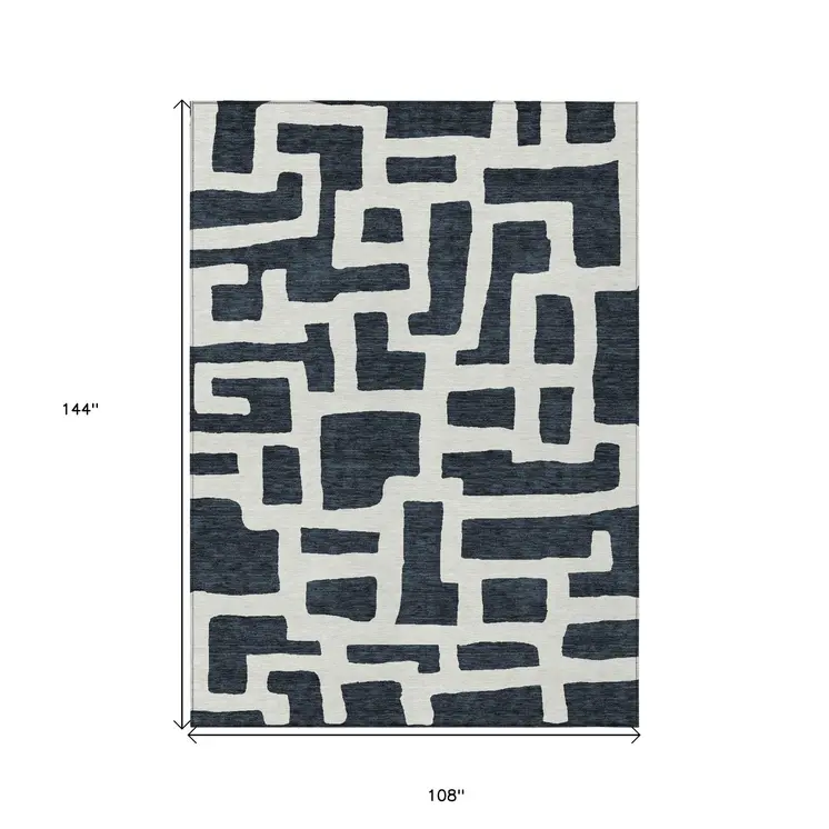 9' X 12' Black And Ivory Abstract Washable Indoor Outdoor Area Rug