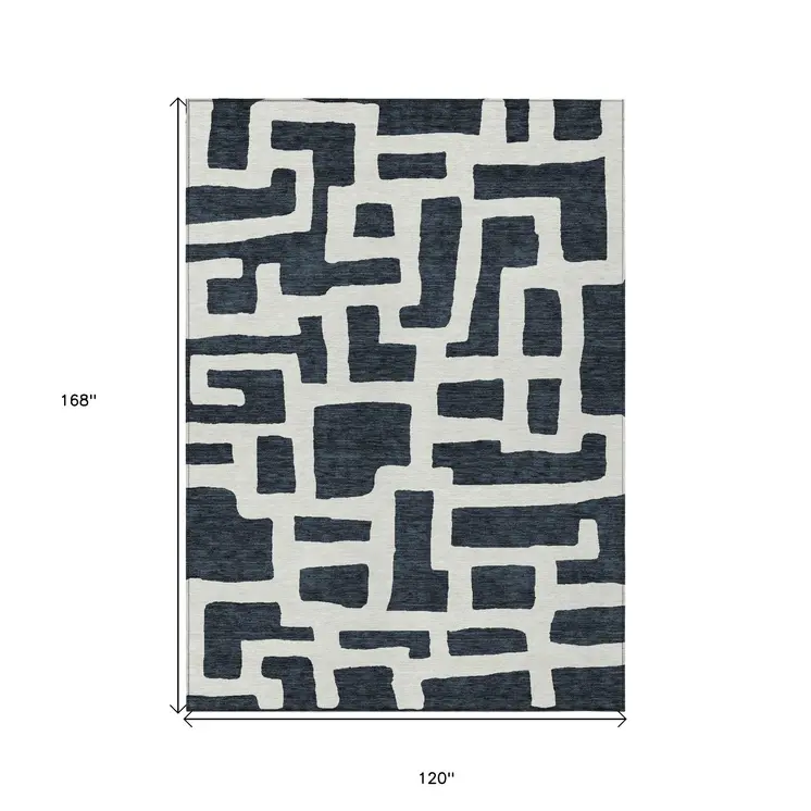 10' X 14' Black And Ivory Abstract Washable Indoor Outdoor Area Rug