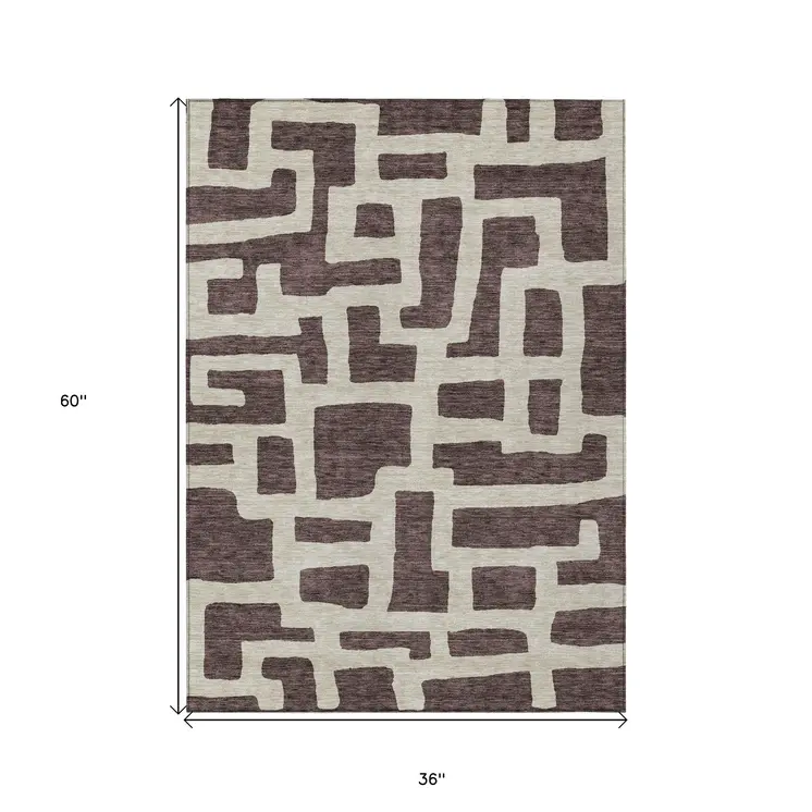 3' X 5' Brown And Beige Abstract Washable Indoor Outdoor Area Rug