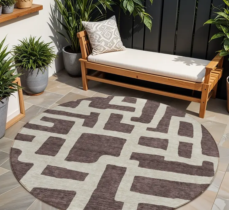 8' Brown And Beige Round Abstract Washable Indoor Outdoor Area Rug