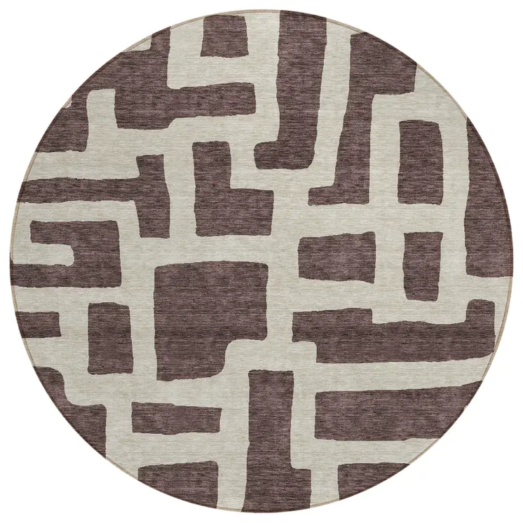 8' Brown And Beige Round Abstract Washable Indoor Outdoor Area Rug