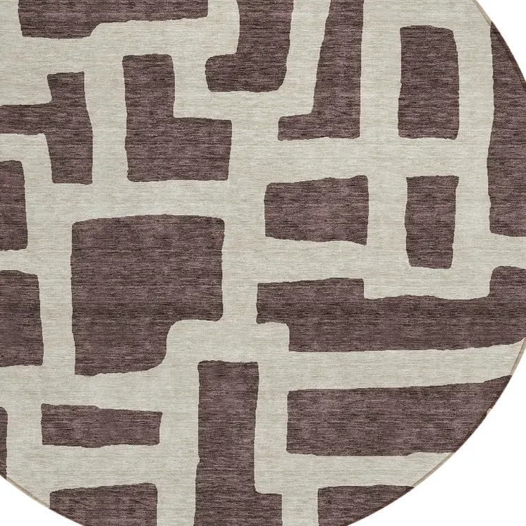 8' Brown And Beige Round Abstract Washable Indoor Outdoor Area Rug