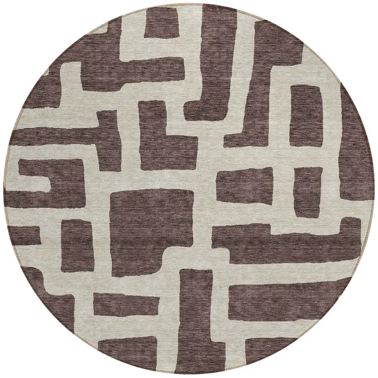 8' Brown And Beige Round Abstract Washable Indoor Outdoor Area Rug