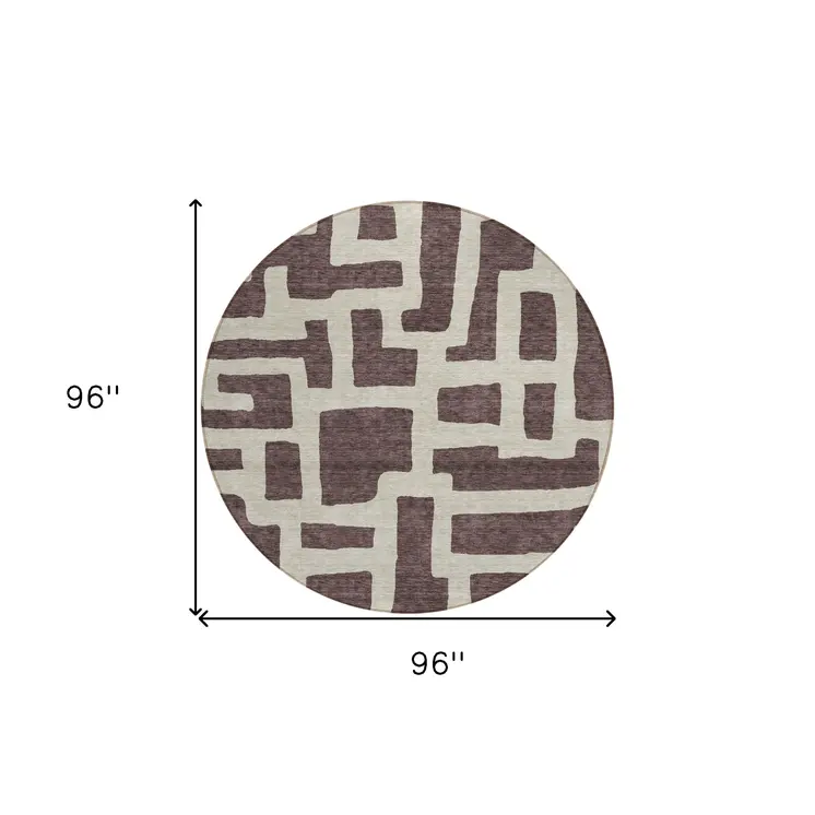 8' Brown And Beige Round Abstract Washable Indoor Outdoor Area Rug