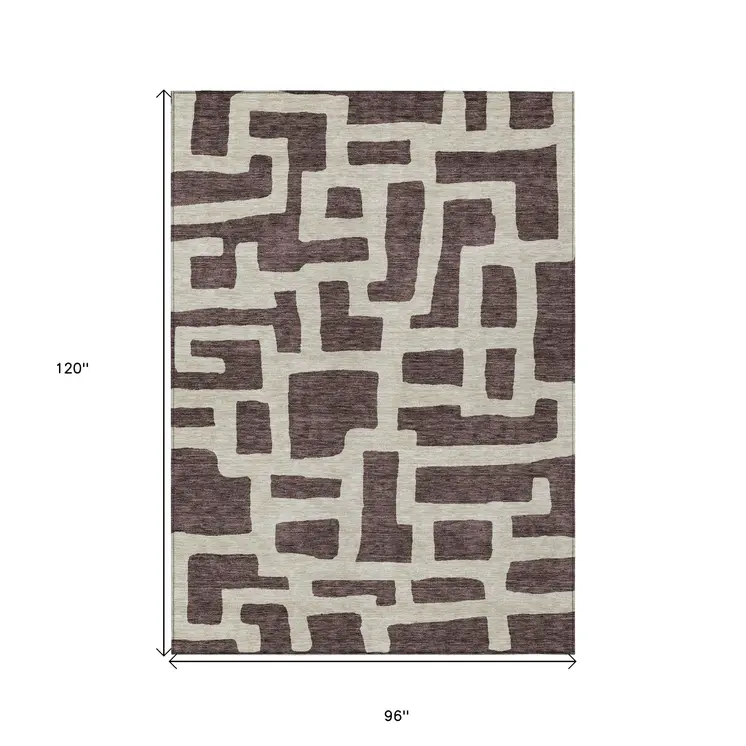 8' X 10' Brown And Beige Abstract Washable Indoor Outdoor Area Rug