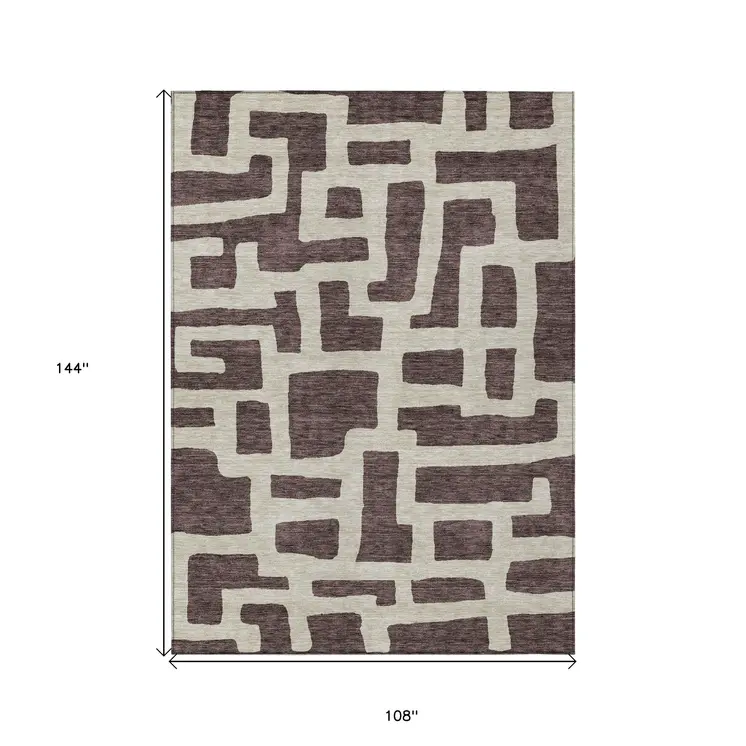 9' X 12' Brown And Beige Abstract Washable Indoor Outdoor Area Rug