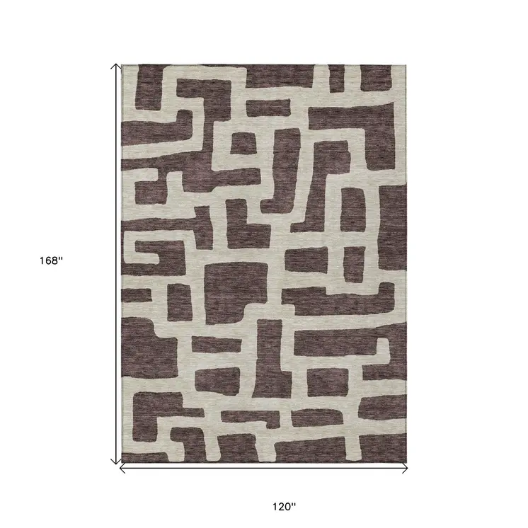 10' X 14' Brown And Beige Abstract Washable Indoor Outdoor Area Rug