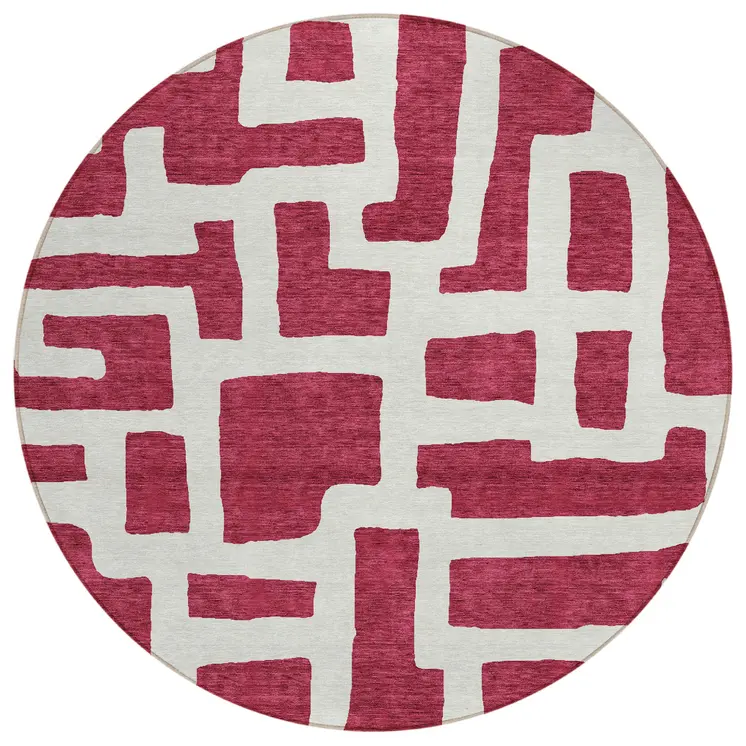 8' Red And Ivory Round Abstract Washable Indoor Outdoor Area Rug