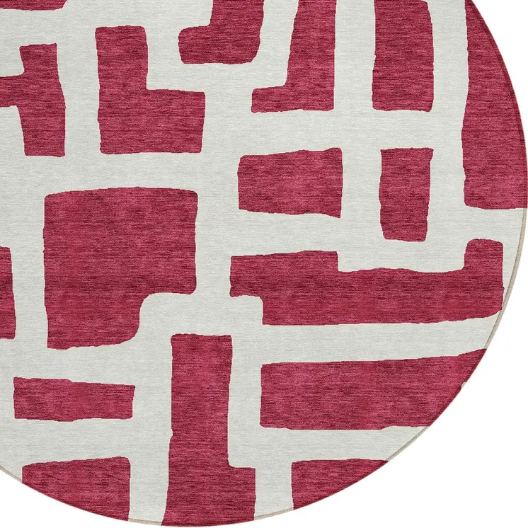 8' Red And Ivory Round Abstract Washable Indoor Outdoor Area Rug