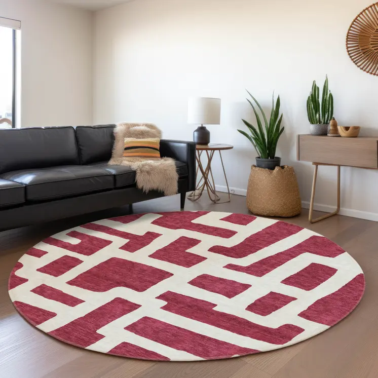 8' Red And Ivory Round Abstract Washable Indoor Outdoor Area Rug