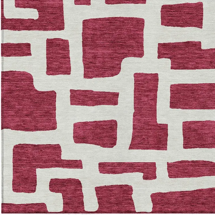 8' X 10' Red And Ivory Abstract Washable Indoor Outdoor Area Rug