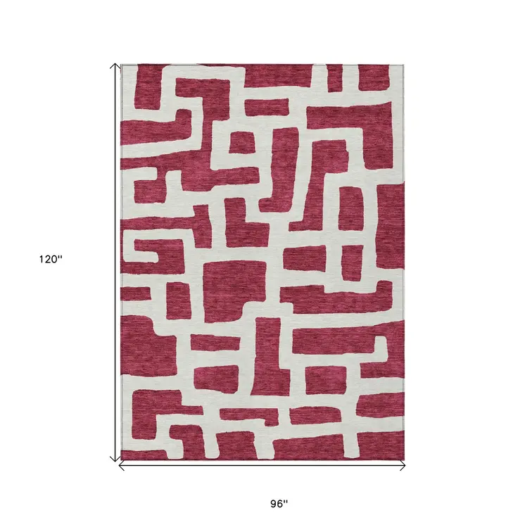 8' X 10' Red And Ivory Abstract Washable Indoor Outdoor Area Rug
