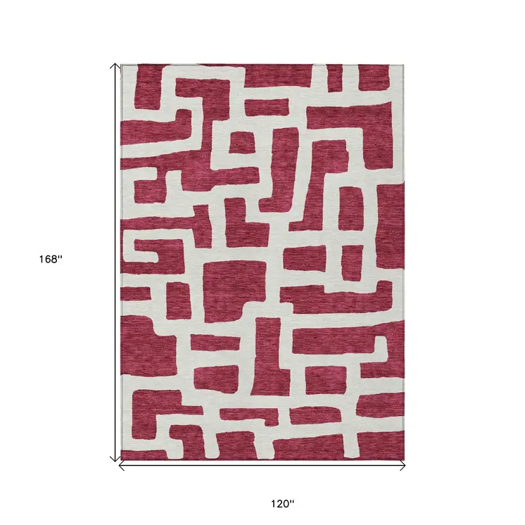 10' X 14' Red And Ivory Abstract Washable Indoor Outdoor Area Rug