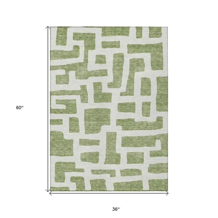 3' X 5' Green And Ivory Abstract Washable Indoor Outdoor Area Rug