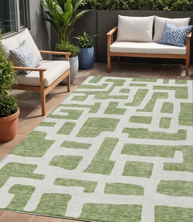 5' X 8' Green And Ivory Abstract Washable Indoor Outdoor Area Rug