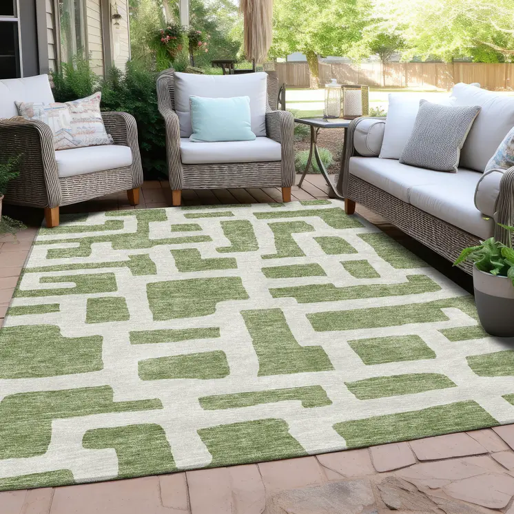5' X 8' Green And Ivory Abstract Washable Indoor Outdoor Area Rug