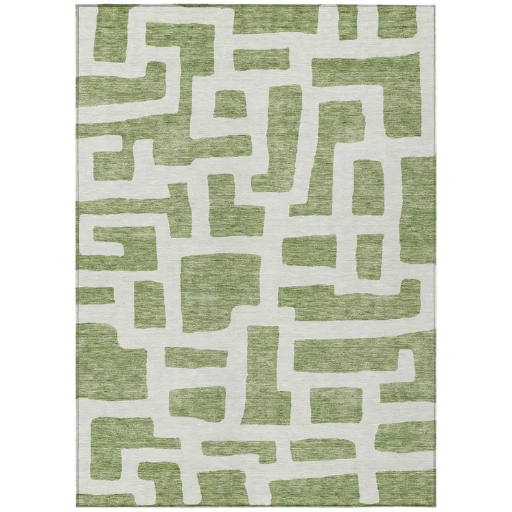 5' X 8' Green And Ivory Abstract Washable Indoor Outdoor Area Rug