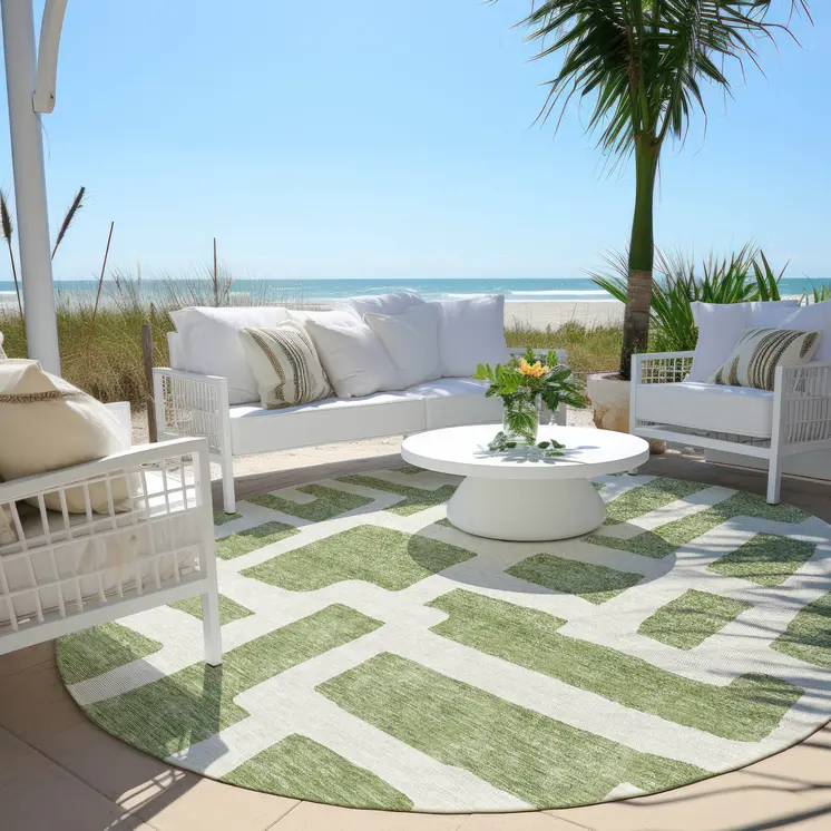 8' Green And Ivory Round Abstract Washable Indoor Outdoor Area Rug