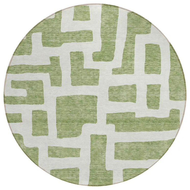 8' Green And Ivory Round Abstract Washable Indoor Outdoor Area Rug