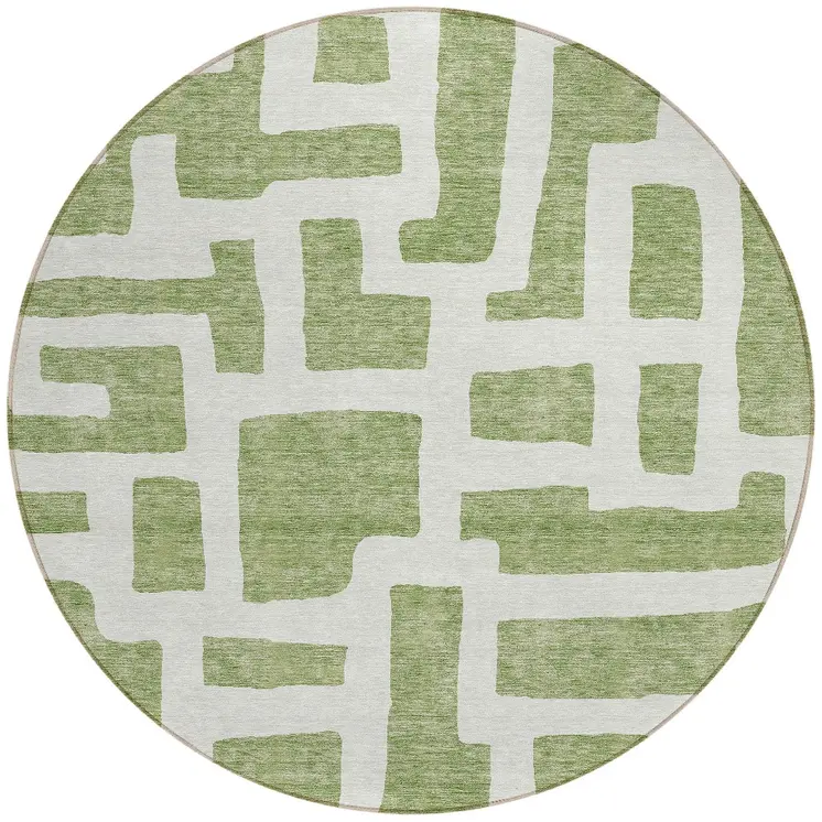 8' Green And Ivory Round Abstract Washable Indoor Outdoor Area Rug