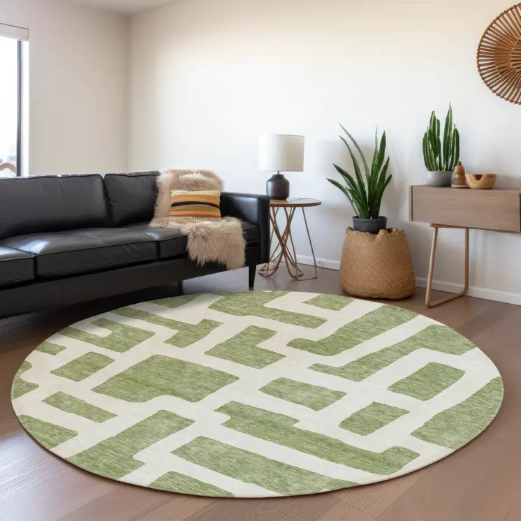 8' Green And Ivory Round Abstract Washable Indoor Outdoor Area Rug