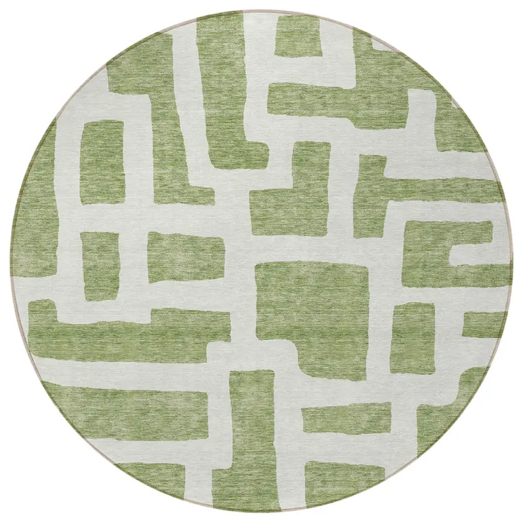 8' Green And Ivory Round Abstract Washable Indoor Outdoor Area Rug