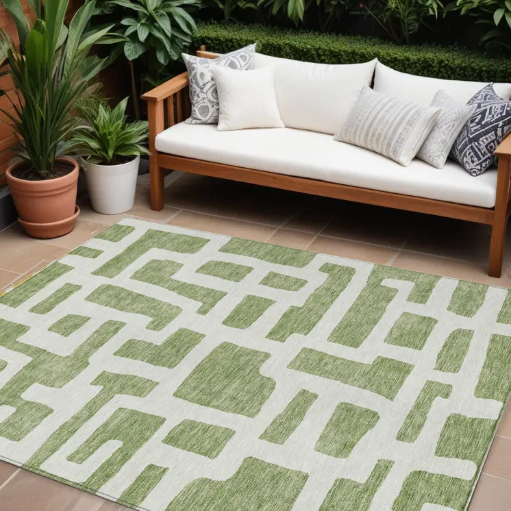 8' X 10' Green And Ivory Abstract Washable Indoor Outdoor Area Rug