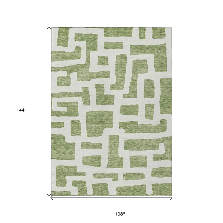9' X 12' Green And Ivory Abstract Washable Indoor Outdoor Area Rug