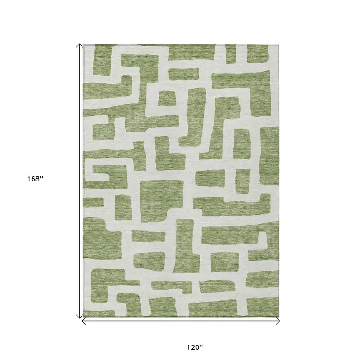 10' X 14' Green And Ivory Abstract Washable Indoor Outdoor Area Rug