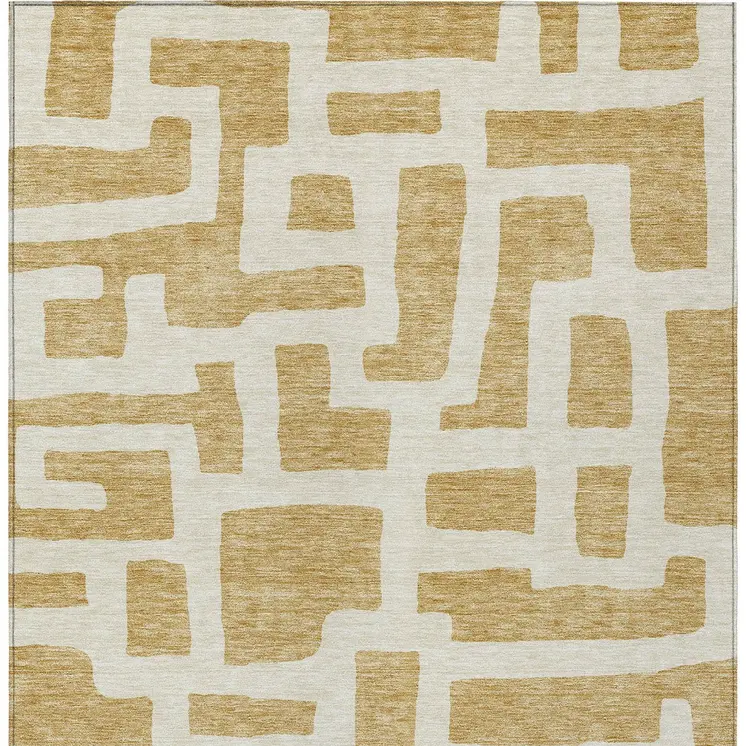 5' X 8' Gold And Ivory Abstract Washable Indoor Outdoor Area Rug