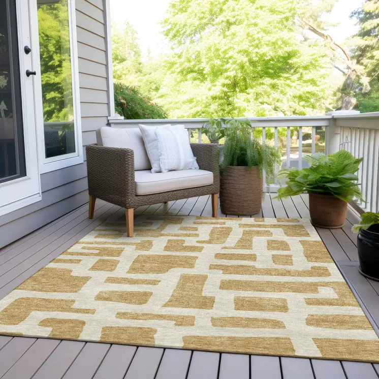 5' X 8' Gold And Ivory Abstract Washable Indoor Outdoor Area Rug