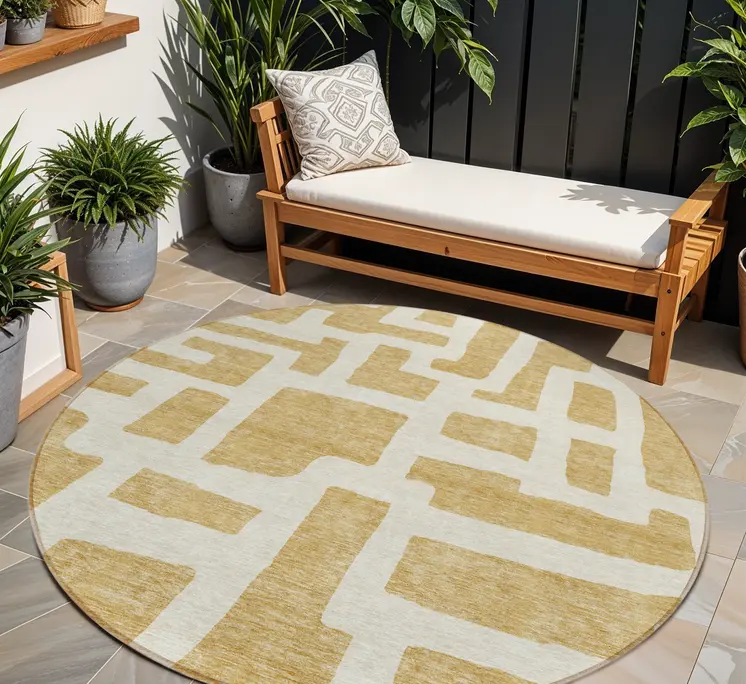 8' Gold And Ivory Round Abstract Washable Indoor Outdoor Area Rug