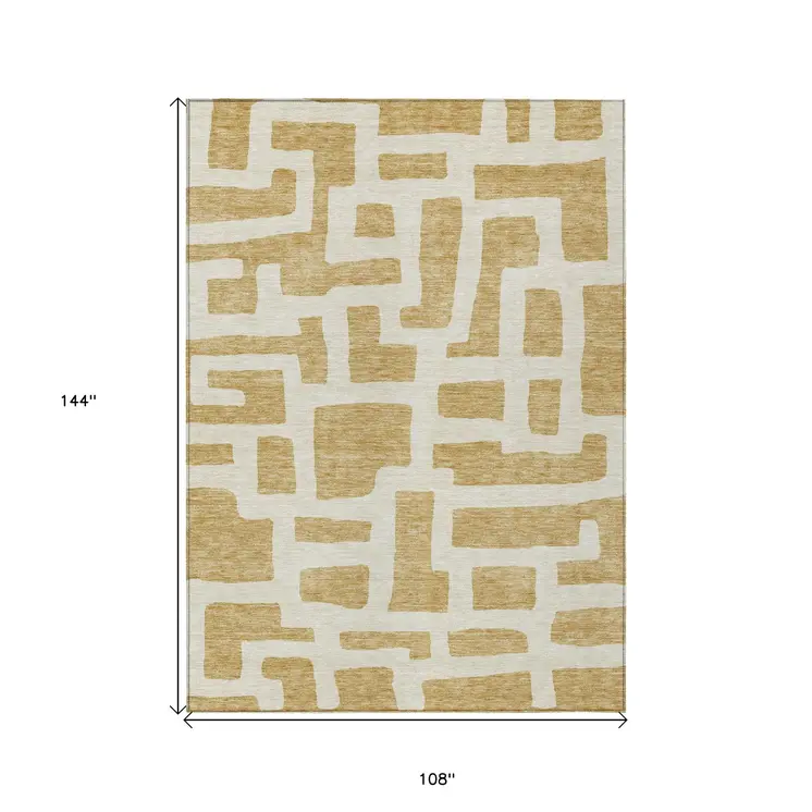 9' X 12' Gold And Ivory Abstract Washable Indoor Outdoor Area Rug