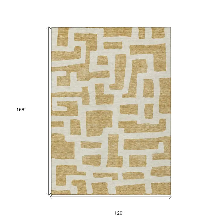 10' X 14' Gold And Ivory Abstract Washable Indoor Outdoor Area Rug