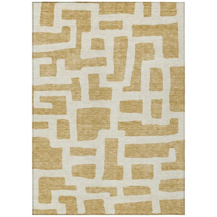 10' X 14' Gold And Ivory Abstract Washable Indoor Outdoor Area Rug