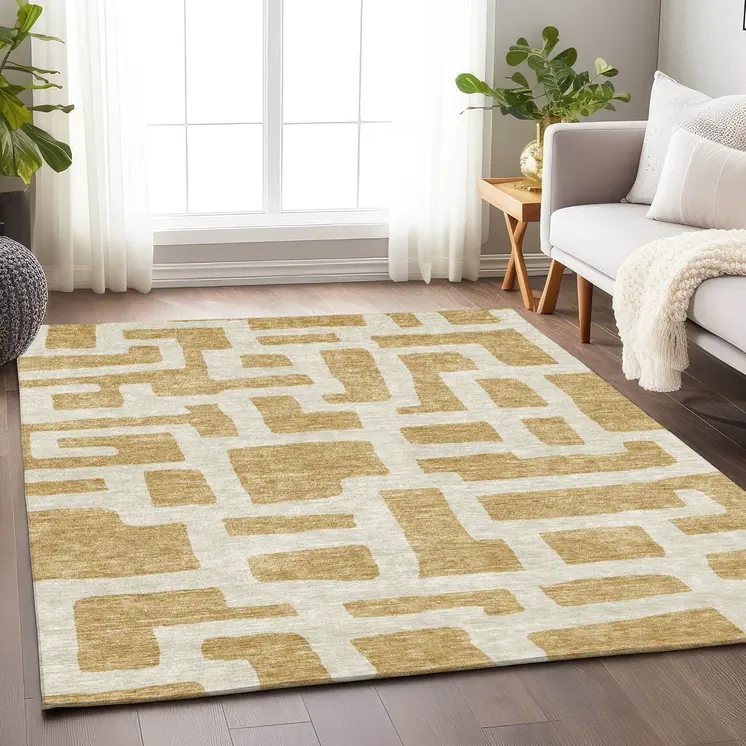 10' X 14' Gold And Ivory Abstract Washable Indoor Outdoor Area Rug