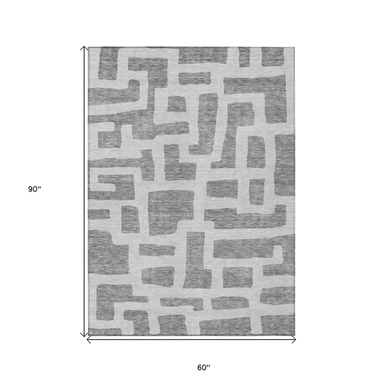 5' X 8' Gray And Ivory Abstract Washable Indoor Outdoor Area Rug