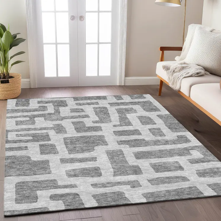 5' X 8' Gray And Ivory Abstract Washable Indoor Outdoor Area Rug