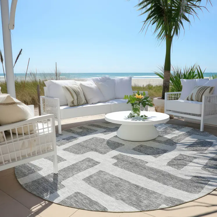 8' Gray And Ivory Round Abstract Washable Indoor Outdoor Area Rug