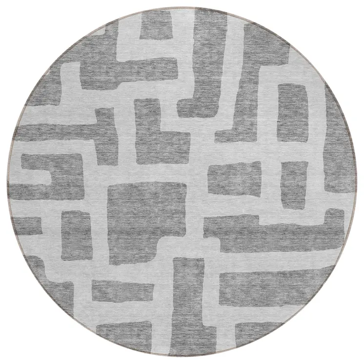 8' Gray And Ivory Round Abstract Washable Indoor Outdoor Area Rug
