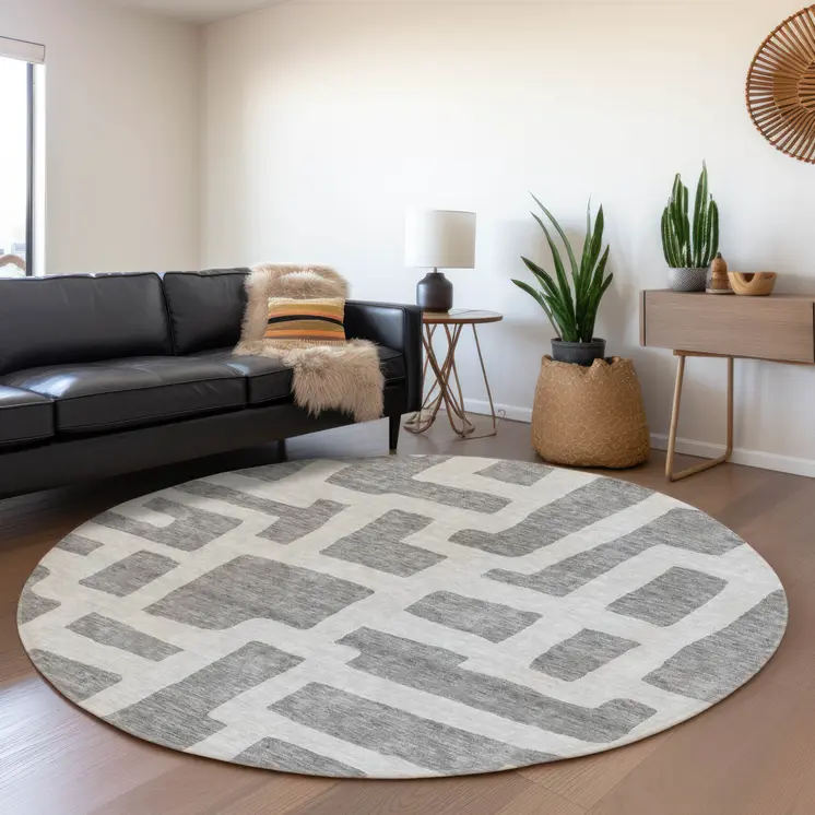 8' Gray And Ivory Round Abstract Washable Indoor Outdoor Area Rug