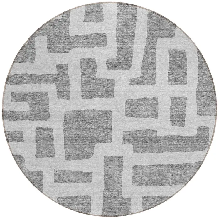 8' Gray And Ivory Round Abstract Washable Indoor Outdoor Area Rug