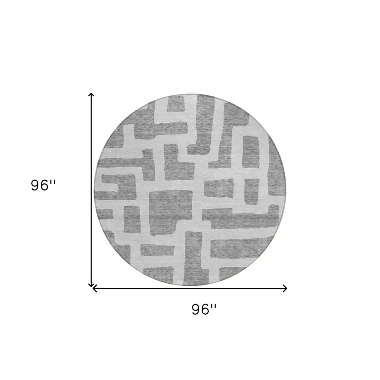 8' Gray And Ivory Round Abstract Washable Indoor Outdoor Area Rug