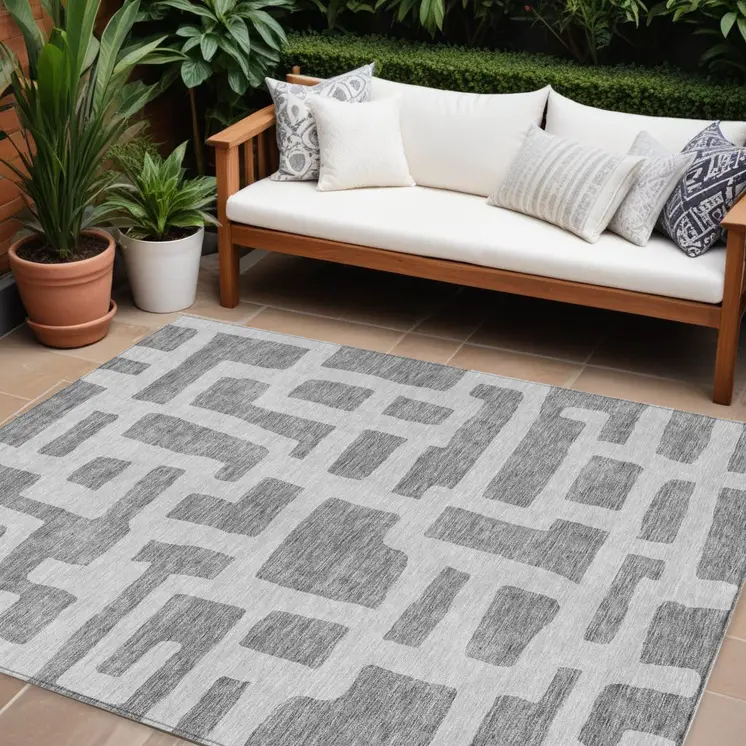 9' X 12' Gray And Ivory Abstract Washable Indoor Outdoor Area Rug
